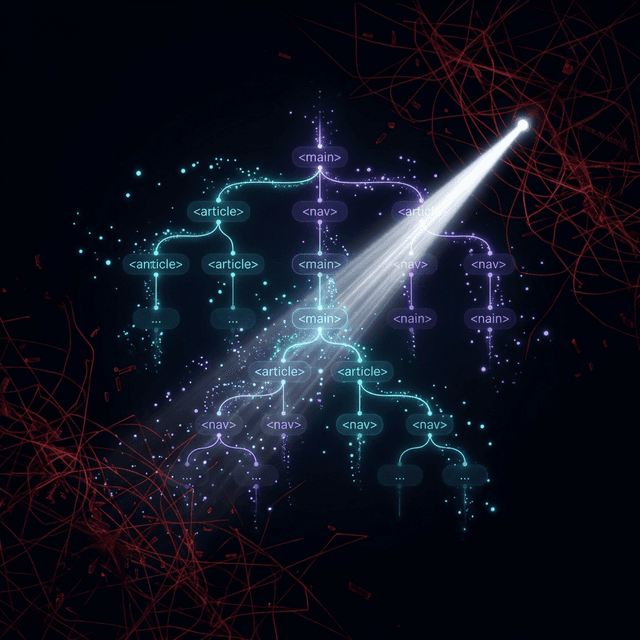 Ilustración de un plano arquitectónico digital siendo escaneado por un haz de luz, representando el rastreo semántico de Googlebot sobre una web bien estructurada