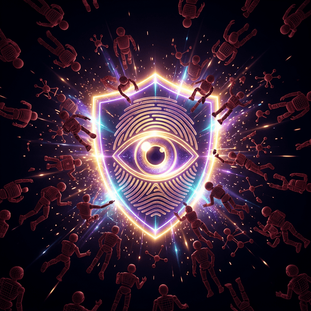 Ilustración abstracta de una huella dactilar luminosa repeliendo códigos genéricos, representando la autoridad humana E-E-A-T protegiendo contra el spam sintético de IA