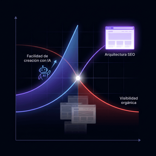 Infografía que ilustra la paradoja de la IA en el desarrollo web: miles de sitios creados por IA compitiendo en un espacio de búsqueda liderado por algoritmos de SGE que priorizan la arquitectura semántica y el EEAT sobre el volumen de contenido