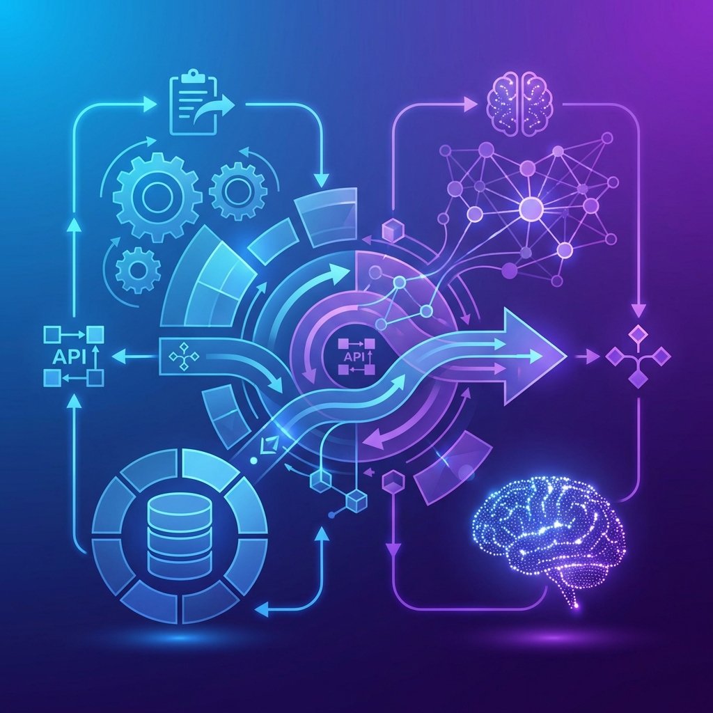 Diagrama ilustrativo mostrando la integración híbrida entre automatización tradicional y tecnología de IA, con flujos de trabajo conectados y puntos de decisión inteligentes