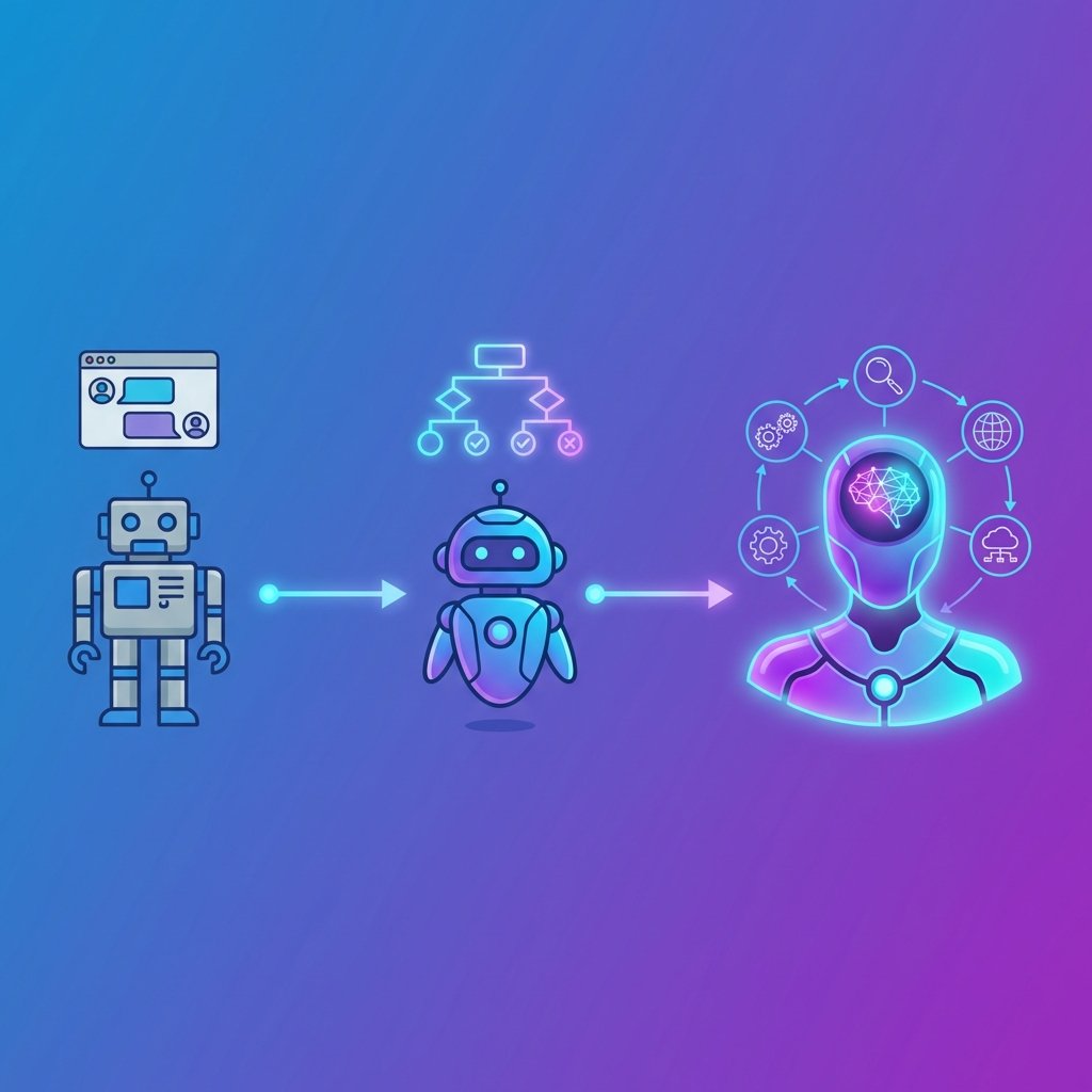 Evolución visual de la automatización: desde bots básicos tradicionales hasta agentes autónomos de IA con capacidades avanzadas de razonamiento