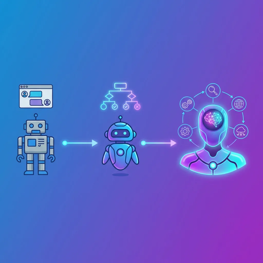 Evolución visual de la automatización: desde bots básicos tradicionales hasta agentes autónomos de IA con capacidades avanzadas de razonamiento