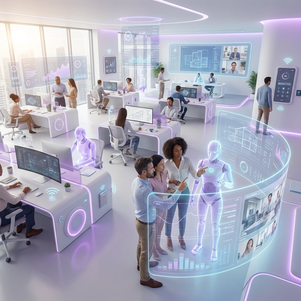 Escena futurista de una oficina en 2030 mostrando la colaboración entre humanos y agentes de IA, con interfaces holográficas, dispositivos IoT y visualización de datos en tiempo real